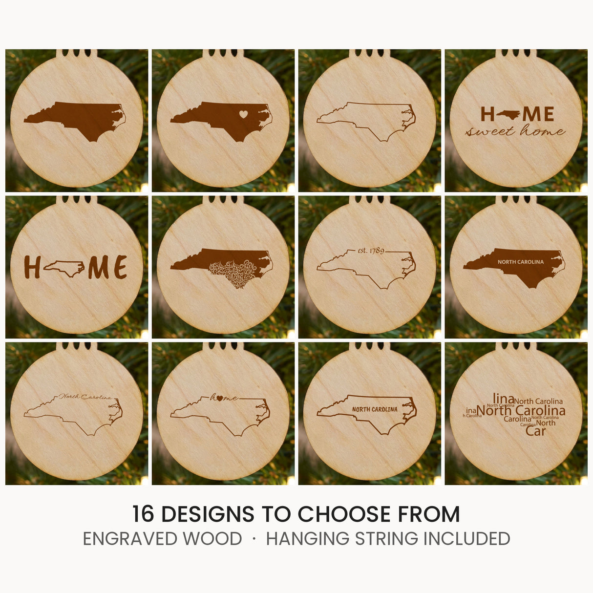 North Carolina wood Christmas ornament, laser engraved natural wood