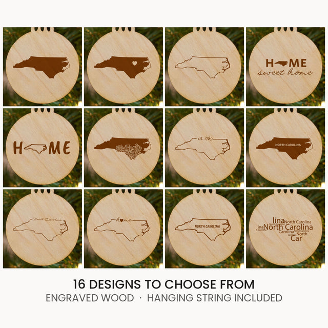 North Carolina wood Christmas ornament, laser engraved natural wood