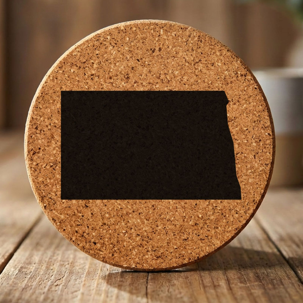 North Dakota round cork coaster with the full state shape engraved