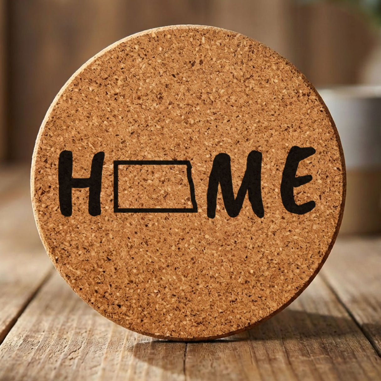 North Dakota round cork coaster engraved with HOME using the state outline as the letter O