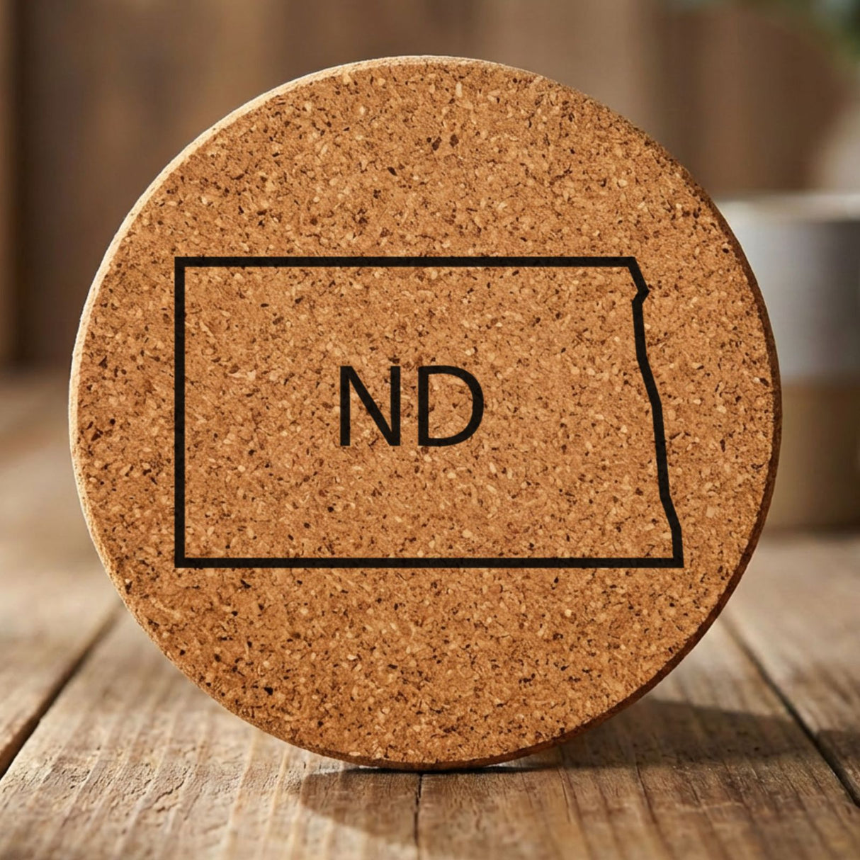 North Dakota round cork coaster engraved with the state outline and ND initials