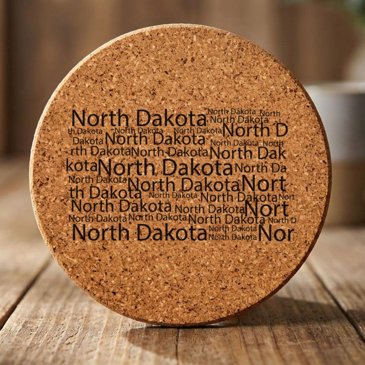 North Dakota round cork coaster engraved with a word cloud of repeating North Dakota text