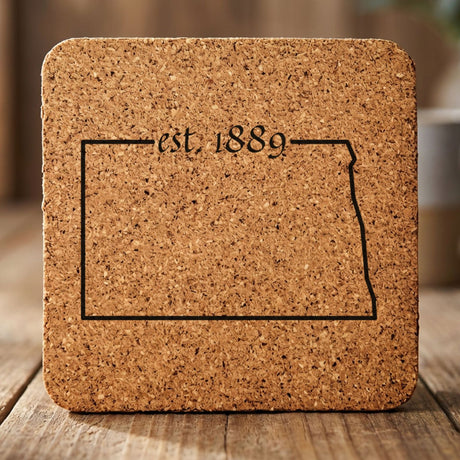 North Dakota square cork coaster engraved with the state outline and est. 1889