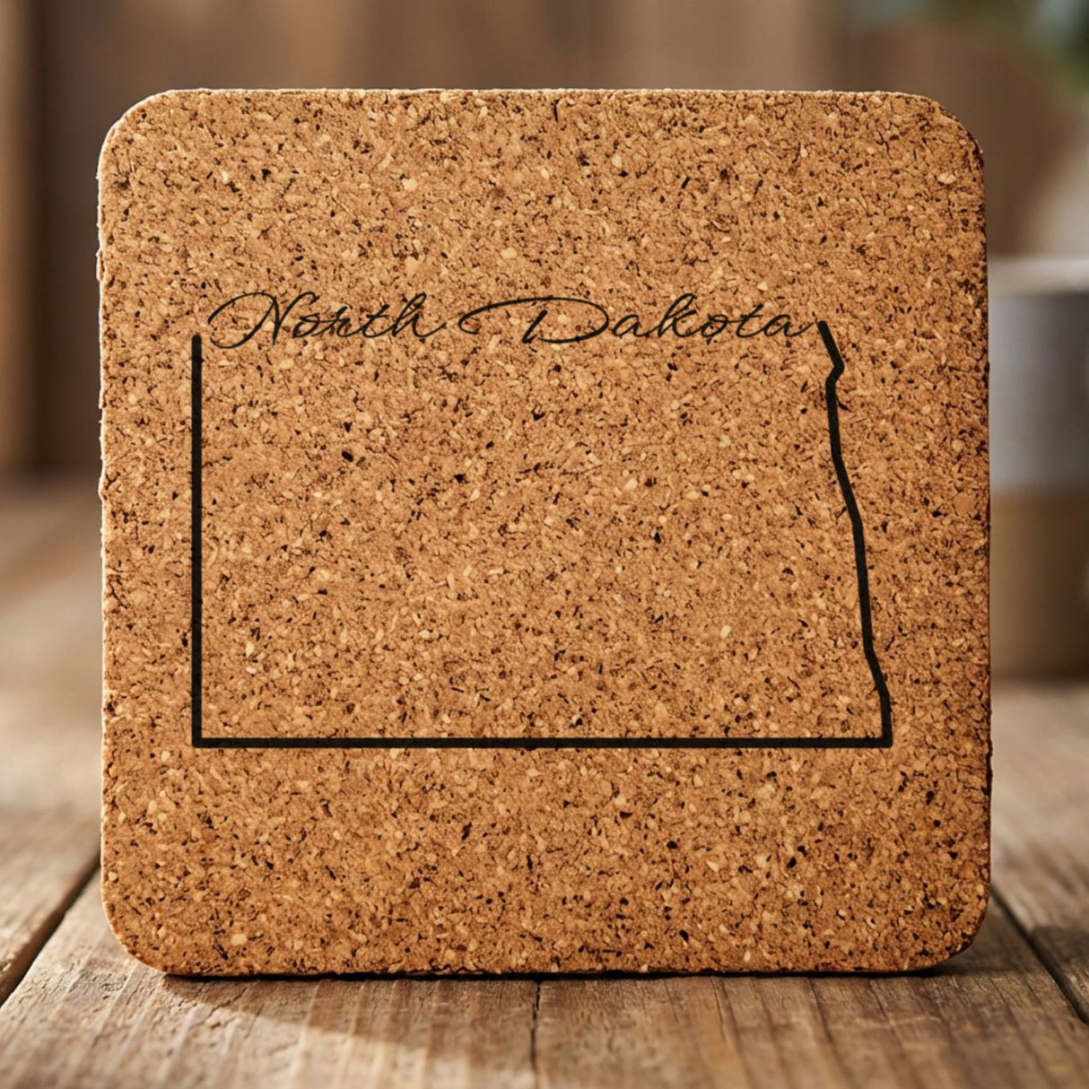 North Dakota square cork coaster engraved with the state outline and North Dakota in script lettering