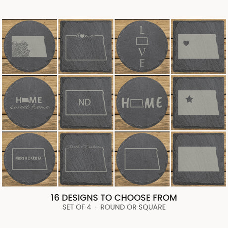 North Dakota slate coaster set, laser engraved natural stone
