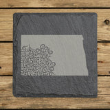 North Dakota square slate coaster engraved with the state shape in ornate floral scrollwork