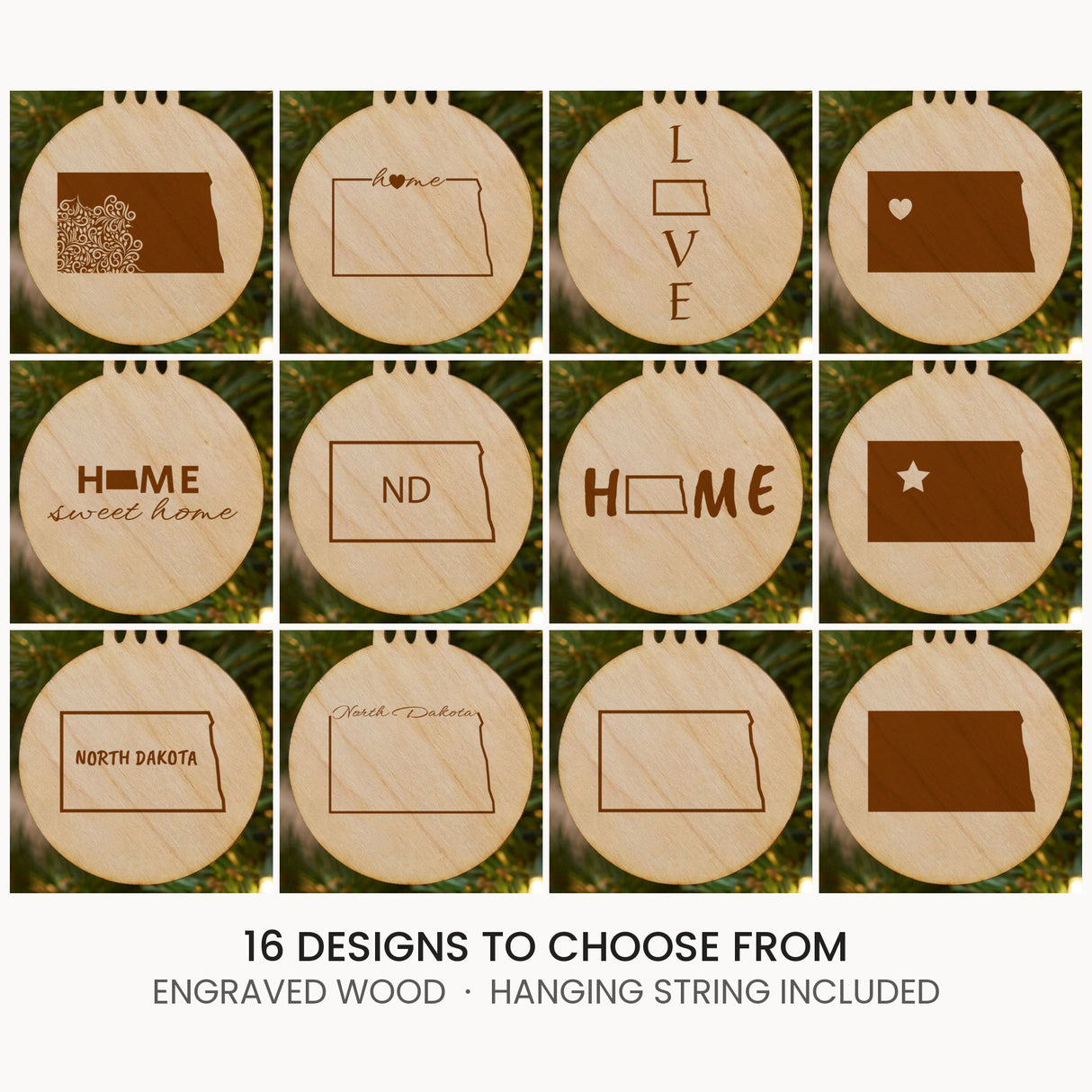 North Dakota wood Christmas ornament, laser engraved natural wood