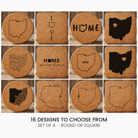 Ohio cork coaster set, laser engraved natural cork