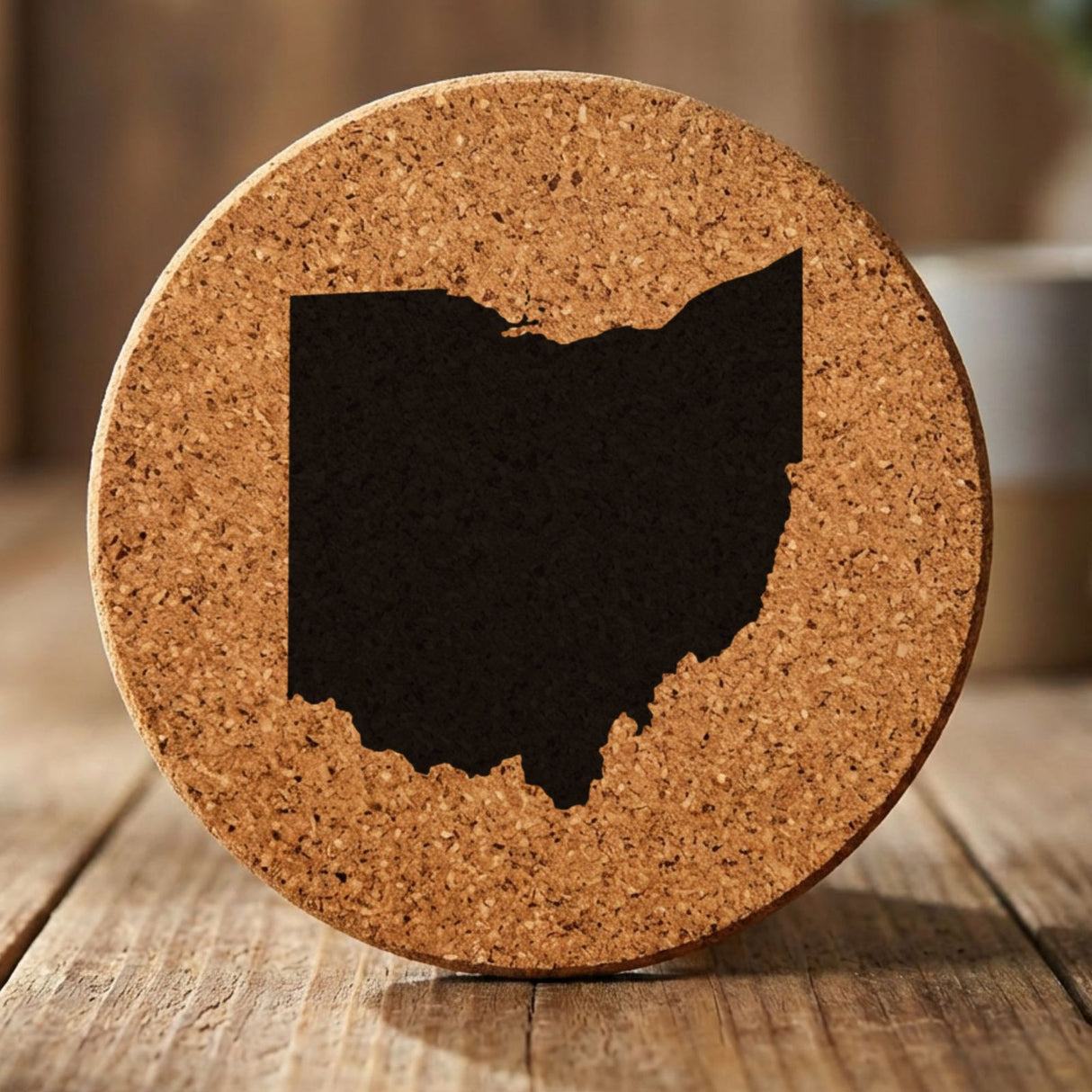 Ohio round cork coaster with the full state shape engraved