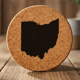 Ohio round cork coaster with the full state shape engraved