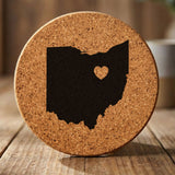Ohio round cork coaster engraved with the state shape and a heart