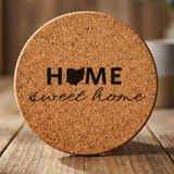 Ohio round cork coaster engraved with HOME sweet home using the state shape as the letter O
