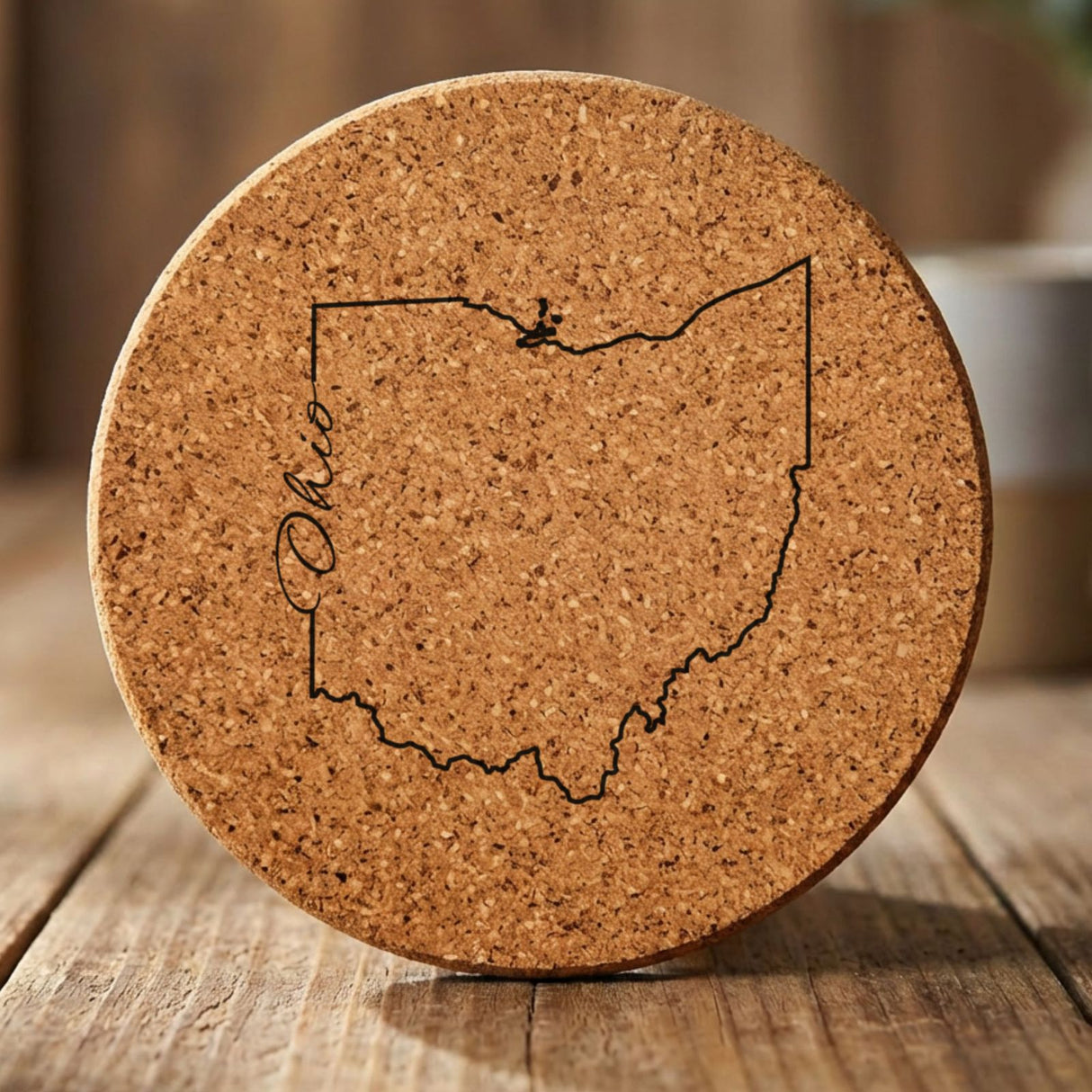 Ohio round cork coaster engraved with the state outline and Ohio in script lettering