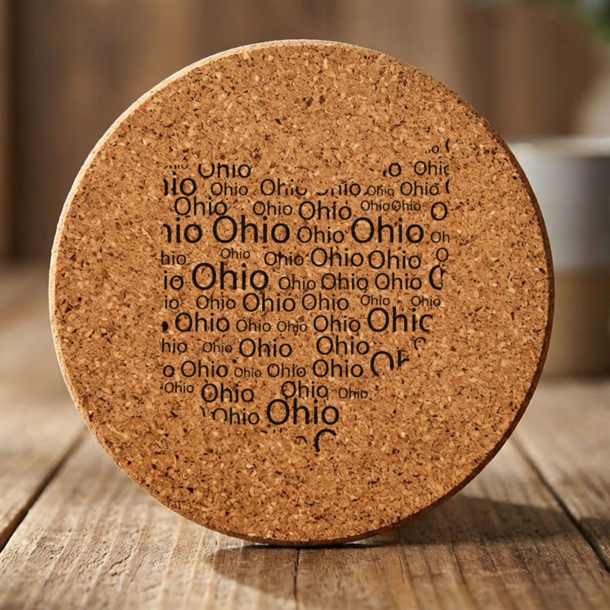 Ohio round cork coaster engraved with a word cloud of repeating Ohio text