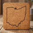 Ohio square cork coaster engraved with a clean state outline