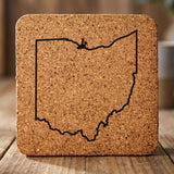 Ohio square cork coaster engraved with a clean state outline