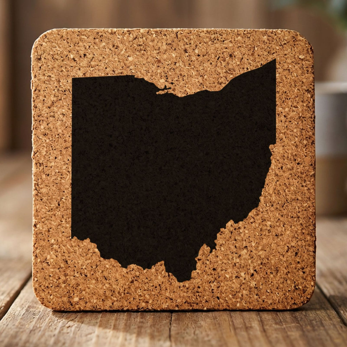 Ohio square cork coaster with the full state shape engraved