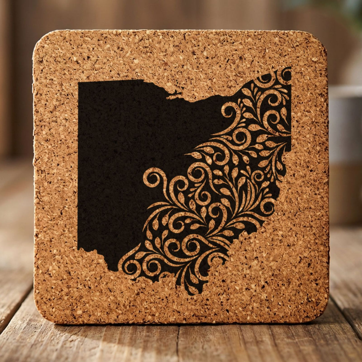 Ohio square cork coaster engraved with the state shape in ornate floral scrollwork