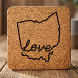 Ohio square cork coaster engraved with a hand-drawn state outline and love in cursive