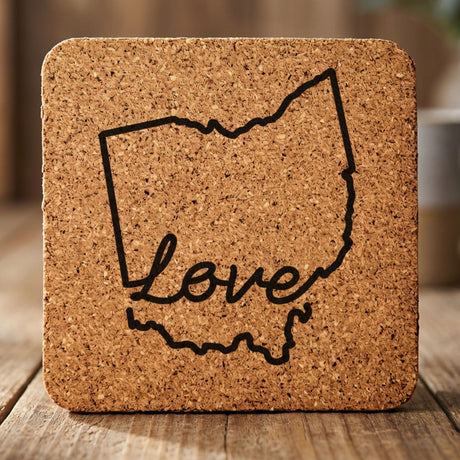 Ohio square cork coaster engraved with a hand-drawn state outline and love in cursive