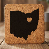 Ohio square cork coaster engraved with the state shape and a heart