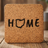Ohio square cork coaster engraved with HOME using the state outline as the letter O