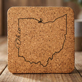 Ohio square cork coaster engraved with the state outline and Ohio in script lettering