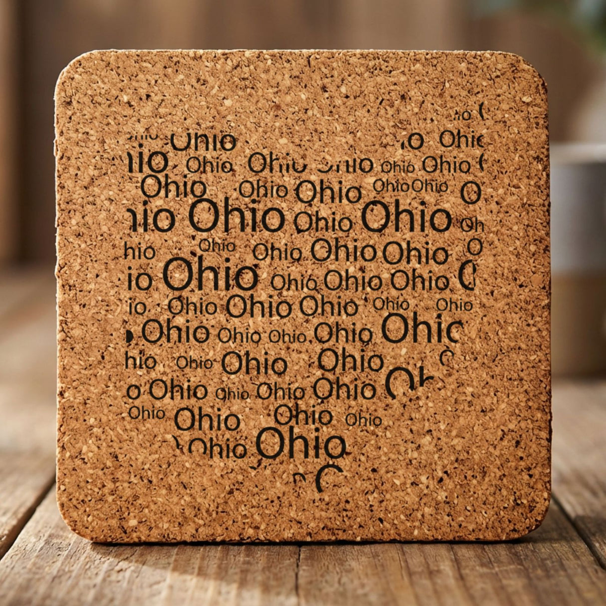 Ohio square cork coaster engraved with a word cloud of repeating Ohio text