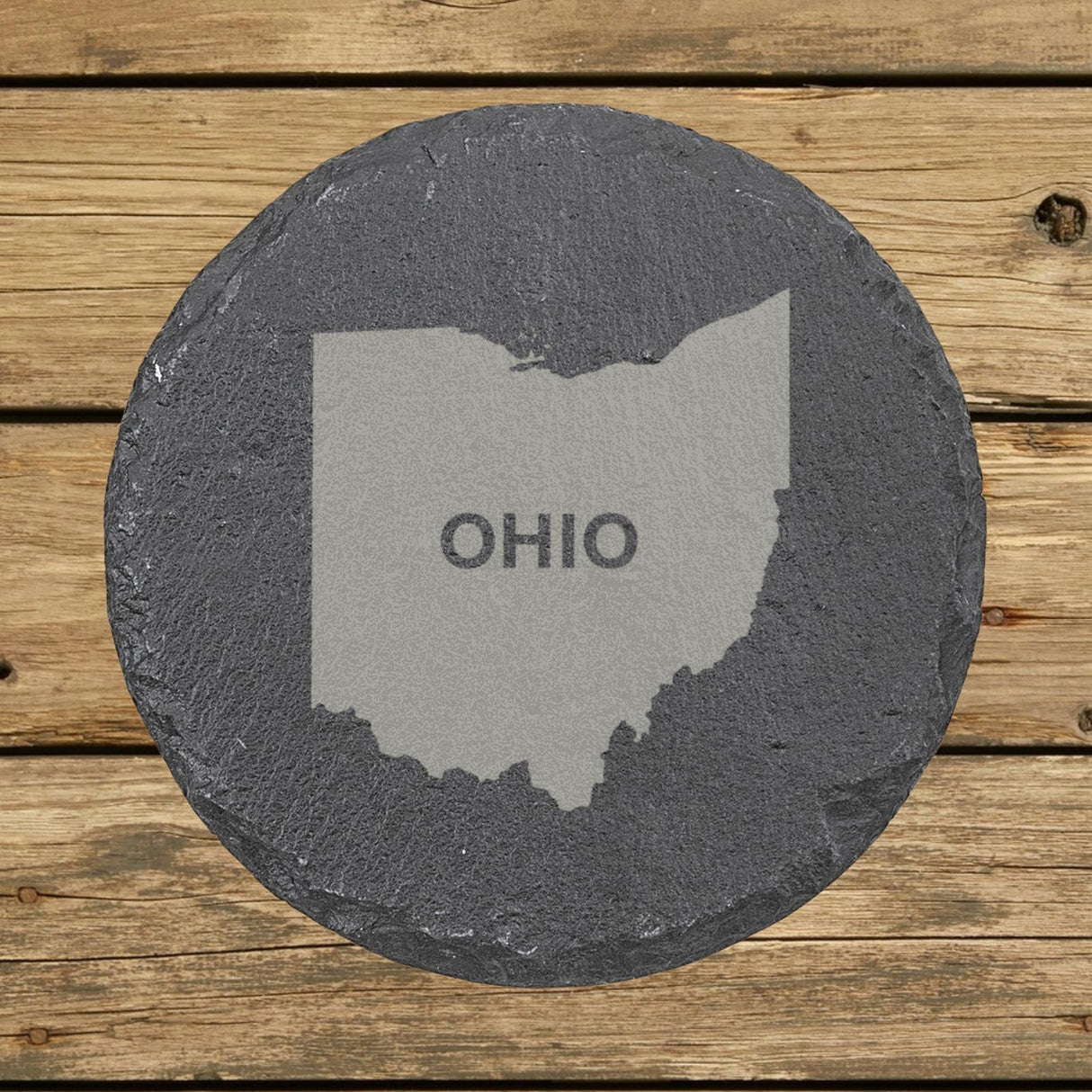 Ohio round slate coaster engraved with the state shape and OHIO in bold lettering