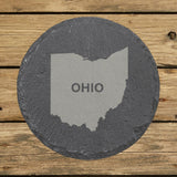 Ohio round slate coaster engraved with the state shape and OHIO in bold lettering