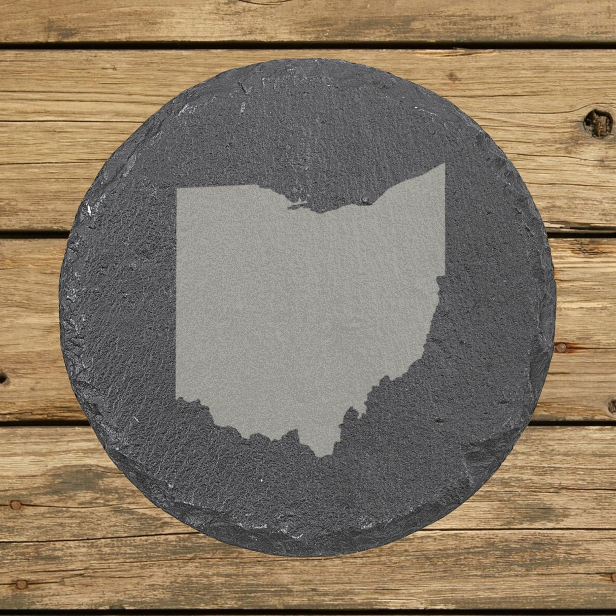 Ohio round slate coaster with the full state shape engraved