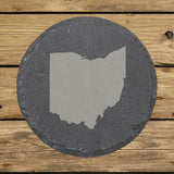 Ohio round slate coaster with the full state shape engraved