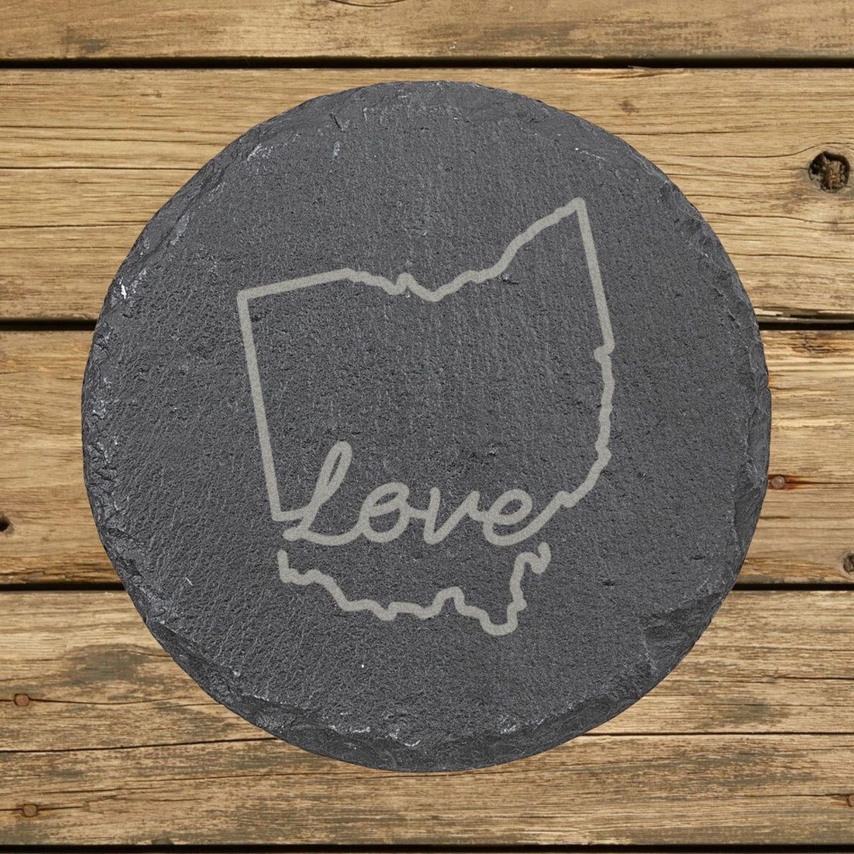 Ohio round slate coaster engraved with a hand-drawn state outline and love in cursive