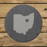 Ohio round slate coaster engraved with the state shape and a heart