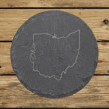Ohio round slate coaster engraved with the state outline and Ohio in script lettering