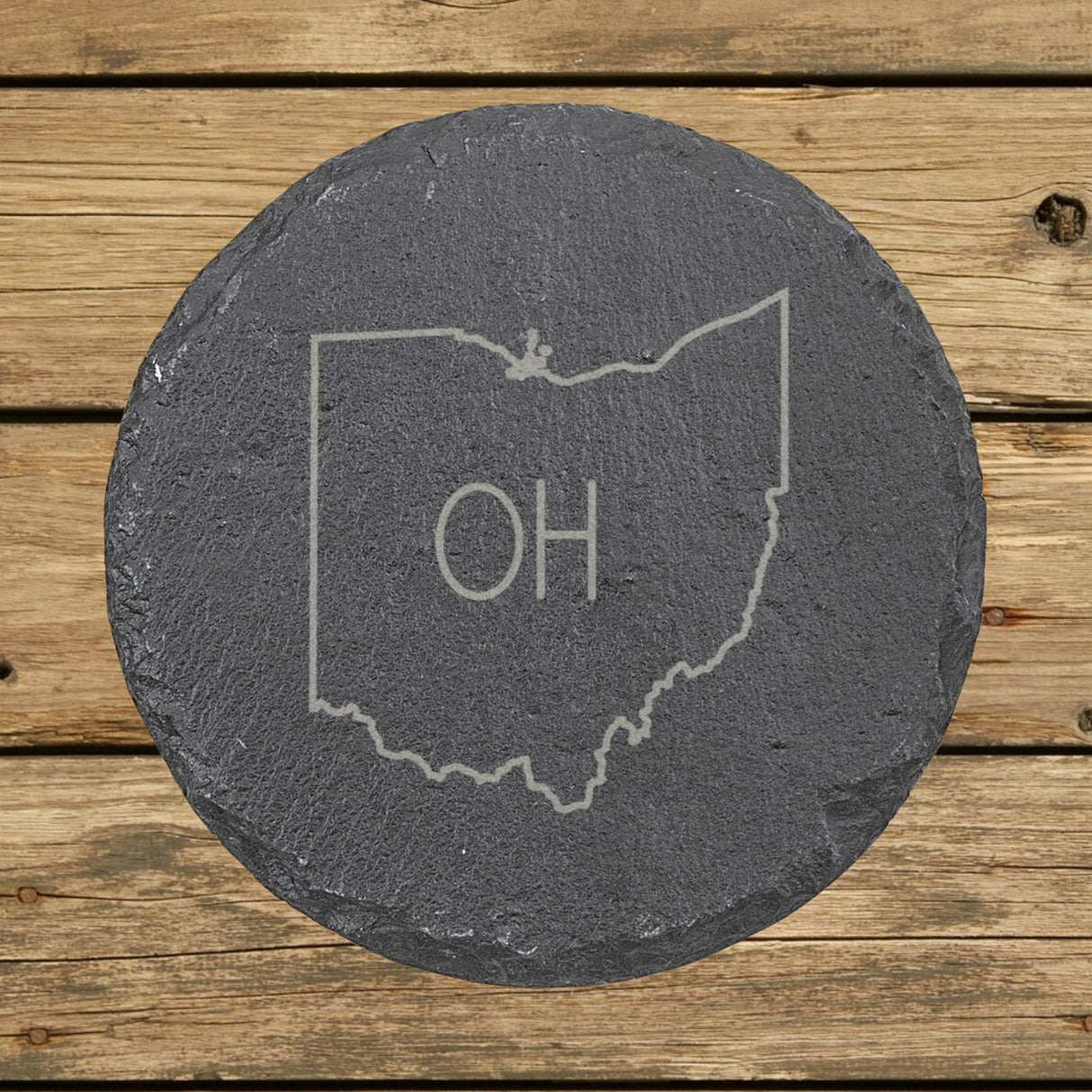Ohio round slate coaster engraved with the state outline and OH initials