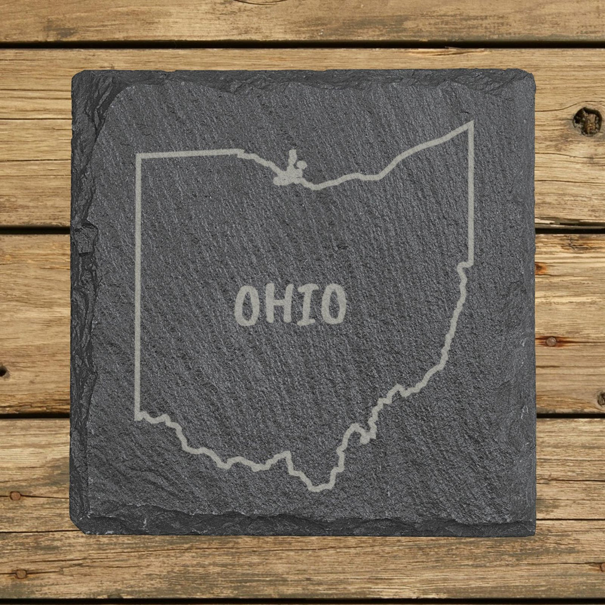 Ohio square slate coaster engraved with the state outline and OHIO in hand-drawn brush lettering