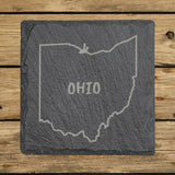 Ohio square slate coaster engraved with the state outline and OHIO in hand-drawn brush lettering