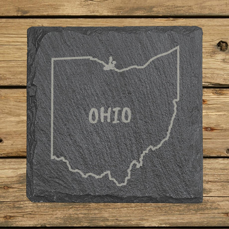 Ohio square slate coaster engraved with the state outline and OHIO in hand-drawn brush lettering