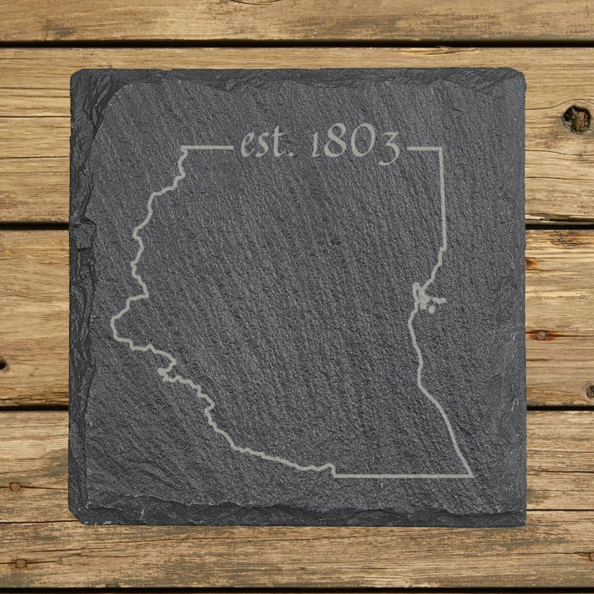 Ohio square slate coaster engraved with the state outline and est. 1803
