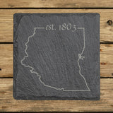 Ohio square slate coaster engraved with the state outline and est. 1803