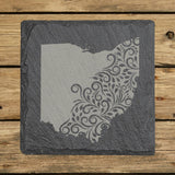 Ohio square slate coaster engraved with the state shape in ornate floral scrollwork