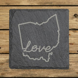 Ohio square slate coaster engraved with a hand-drawn state outline and love in cursive