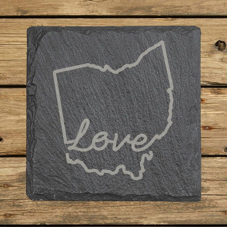 Ohio square slate coaster engraved with a hand-drawn state outline and love in cursive