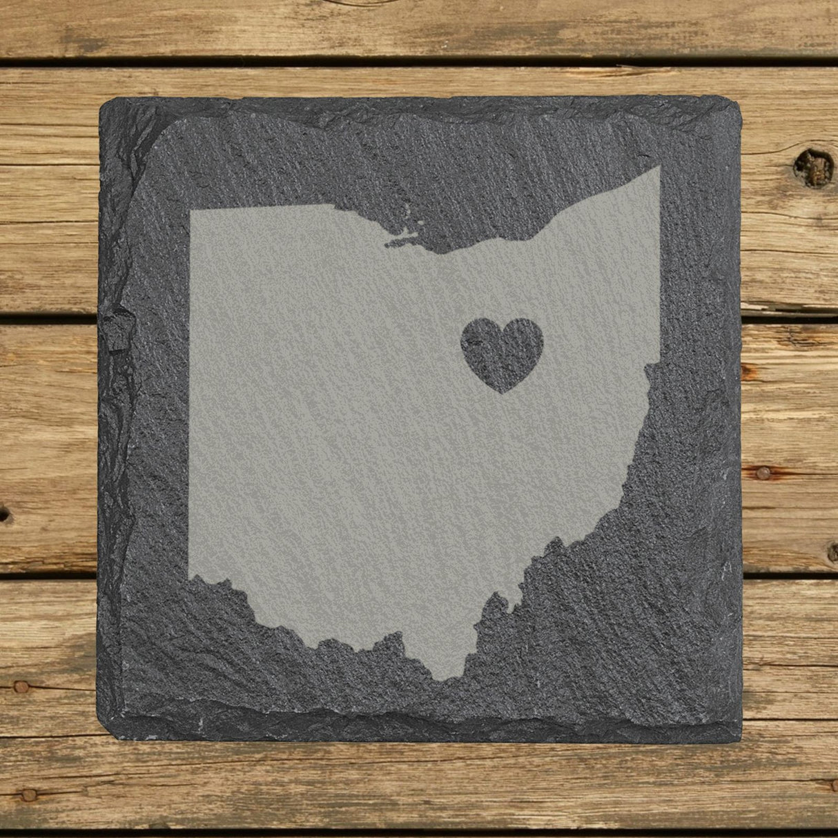 Ohio square slate coaster engraved with the state shape and a heart