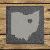 Ohio square slate coaster engraved with the state shape and a heart