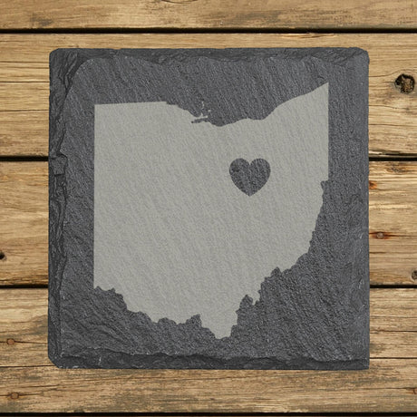 Ohio square slate coaster engraved with the state shape and a heart