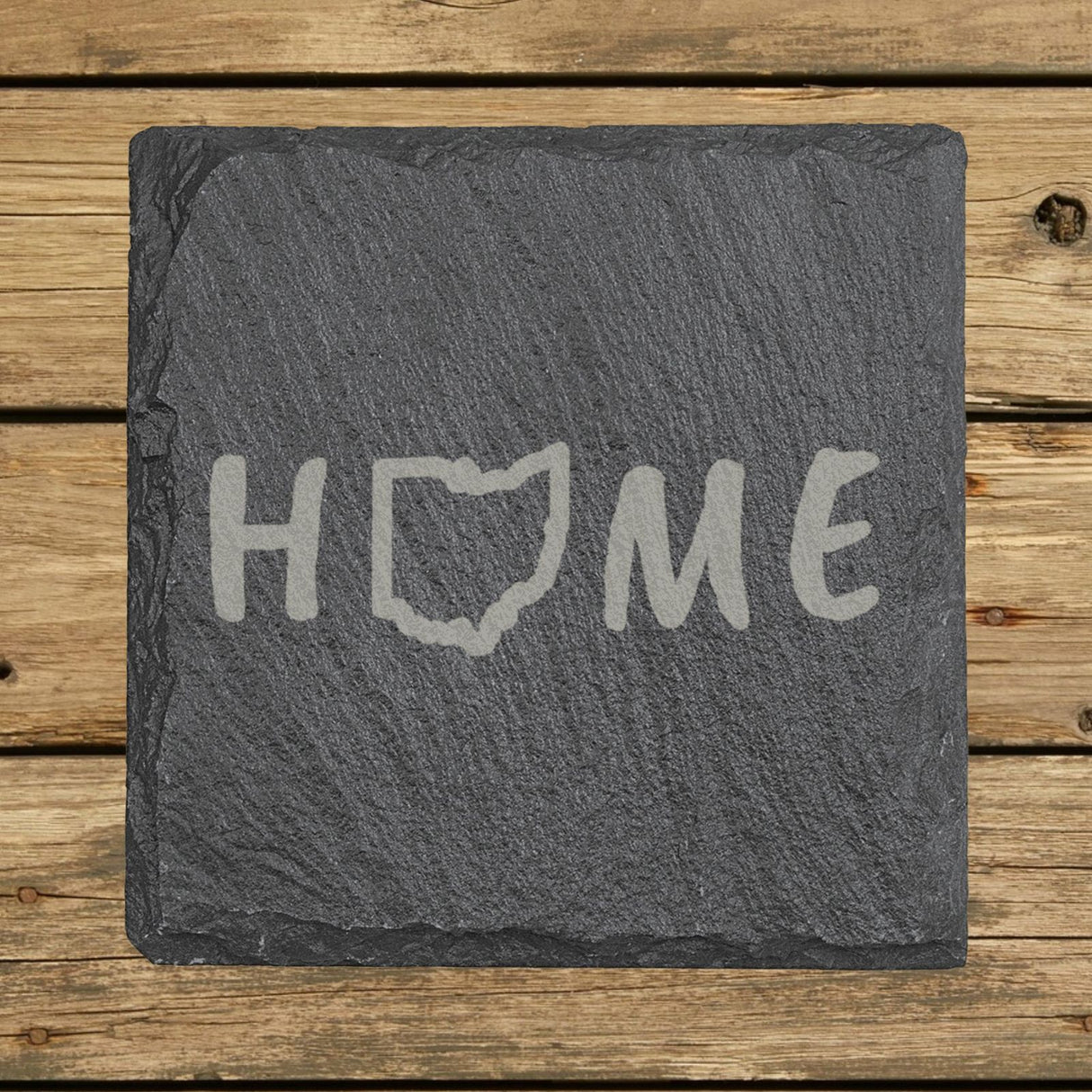 Ohio square slate coaster engraved with HOME using the state outline as the letter O
