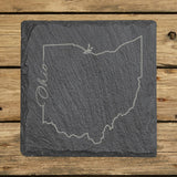 Ohio square slate coaster engraved with the state outline and Ohio in script lettering