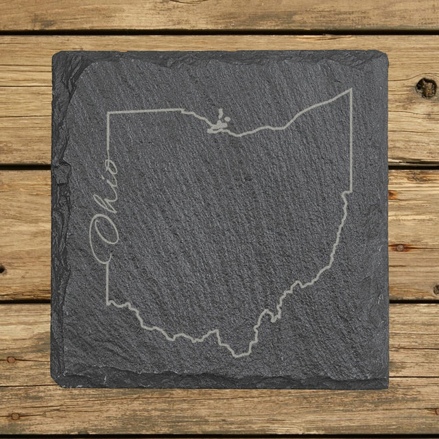 Ohio square slate coaster engraved with the state outline and Ohio in script lettering